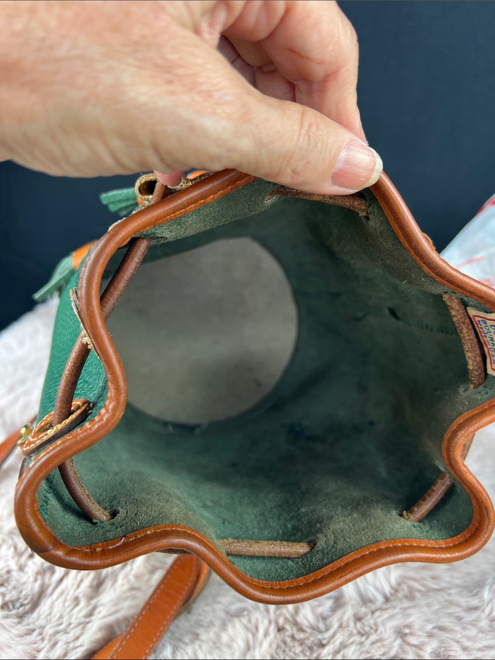 Dooney & Bourke Green and Brown Pebbled Leather Drawstring Crossbody Bag - Picture 12 of 12